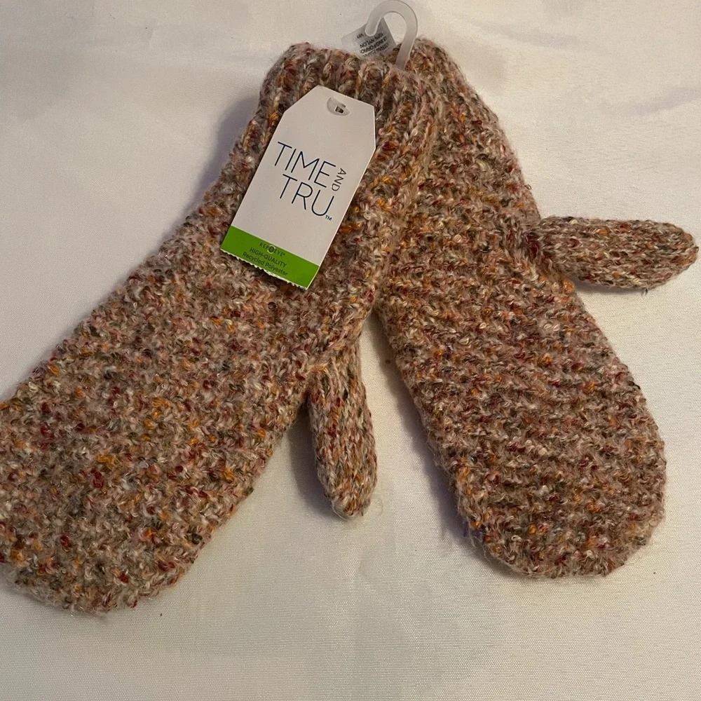Time and Tru Women’s Lined Warm Knit Hat and Mittens Set - Brown and Tan,‎ NWT